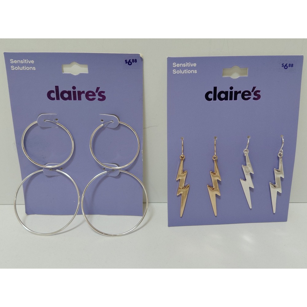 Claire's Sensitive Solutions Hoop‎ & Lightning Bolt Earring Set Silver Gold Tone